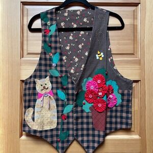 VTG 90 Handmade 3D Reversible Cat Vest Medium Novelty Cottagecore Granny Teacher